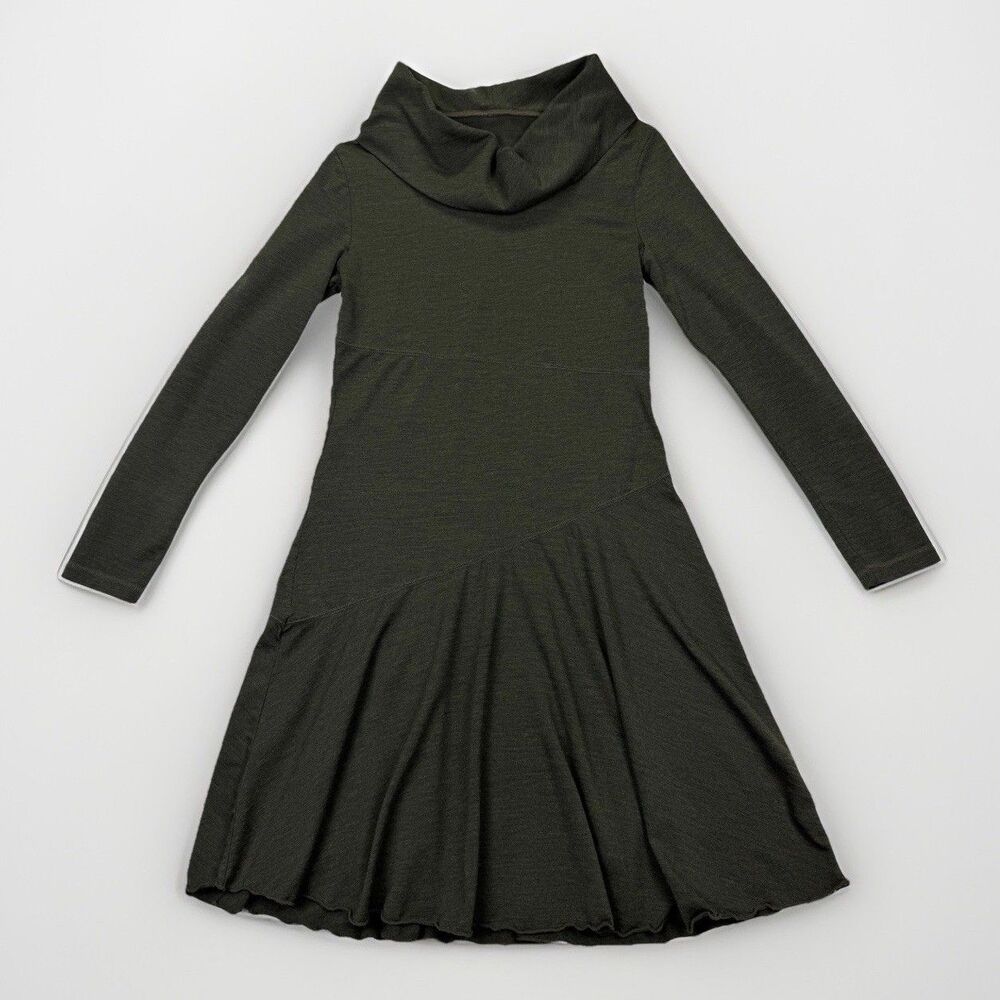 Athleta Merino‎ Wool Lagenlook Cowl Neck Dress Size M Olive Green Flowy A-Line